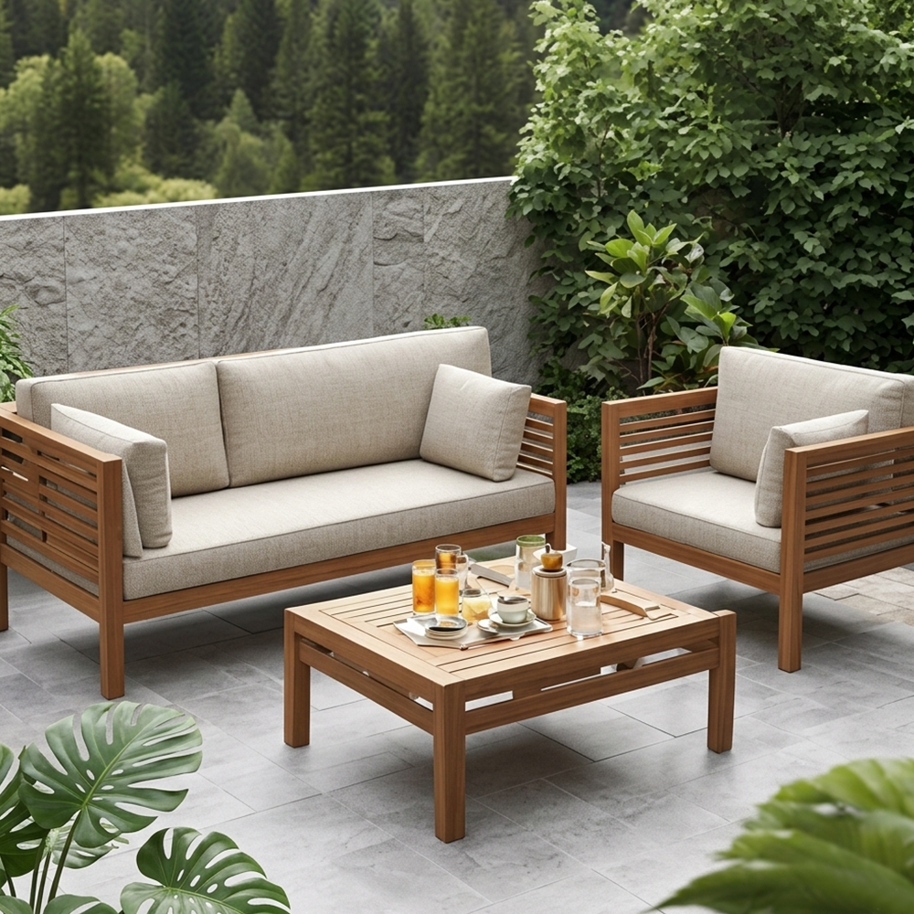 Wood Sofa Set Christopher Knight Home Alice Outdoor 5 Piece Acacia Wood Sofa Set, Teak Finish, Dark Teal - Image 1