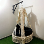 Luxury Macramé Hanging Pod Chair with Canopy & Black Cushion – Wall Mount Swing Seat - Image 2