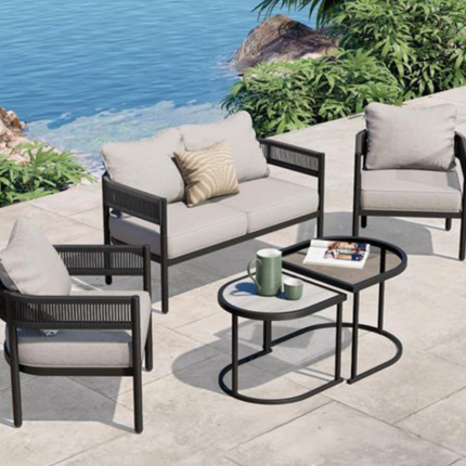 Garden Rope Weave 3-Piece Patio Sofa Set with Armchairs – Dark Steel Frame & Beige Cushions